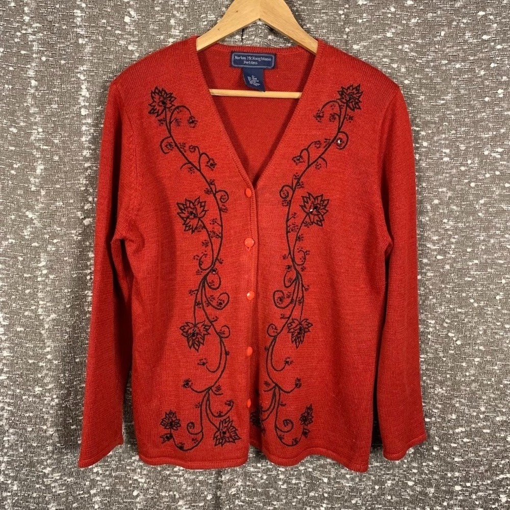 Vintage Norton McNaughton Red Beaded Knit‎ Cardigan Sweater Women's Large